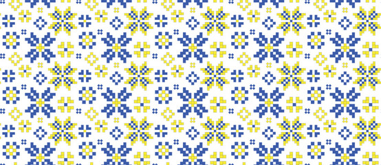 Traditional Ukrainian Pixel Blue and Yellow Embroidery Seamless pattern