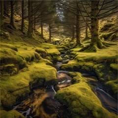 Mossy Woodland Stream: A Tranquil Forest Scene with Lush Green Moss and Flowing Water