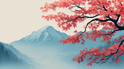 浮世絵風の富士山、赤い葉の抽象パターン
