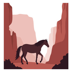 Horse walking through canyons in warm red tones  