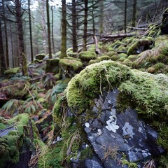 Mossy woodlands nature scene revealing the dense forest beauty and rugged landscape features with