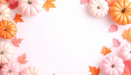 Different pumpkins, autumn leaves, berries and acorns on white background, flat lay. Space for text