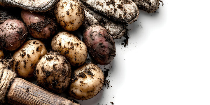 Freshly harvested potatoes with dirt, resting on a rustic burlap cloth, alongside a wooden gardening tool, showcasing the essence of organic farming and natural produce