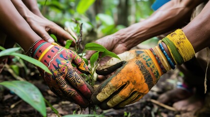 Indigenous tribe members replanting rainforest species, using traditional tools alongside modern gloves