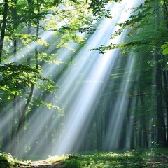 Mystical sunbeams filtering through verdant canopy of a temperate broadleaf forest ambiance
