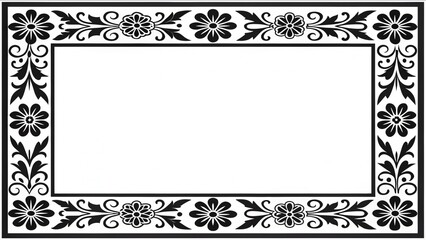Elegant Black and White Floral Frame Border;  Classic Design, Vintage Style, Formal Mood.