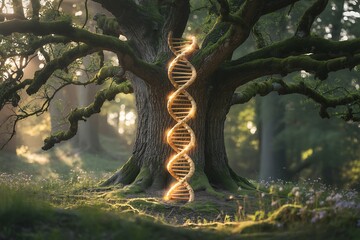 Ancient Tree of Life DNA Helix Glowing in Mystical Forest, Nature's Genetic Code Unveiled