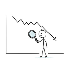 Stick figure examining declining graph with magnifying glass  