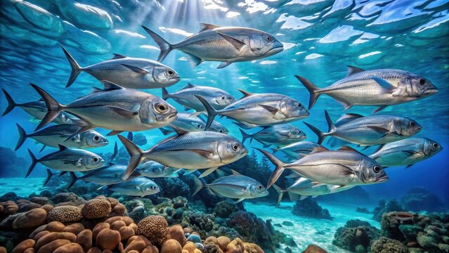 A school of bigeye trevally swim together in the crystal-clear waters of a tropical coral reef, reef