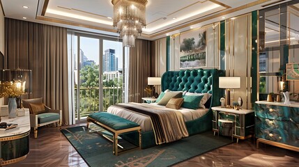 Opulent emerald and gold accented bedroom suite with city view from private balcony