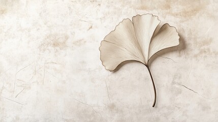 japanese minimalist wall art with single ginkgo biloba leaf, delicate fine lines, neutral beige and ivory background