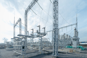 Modern new power station. The equipment used to raise or lower voltage, high voltage power station....