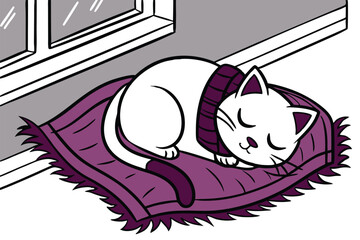 Adorable sleeping cat nestled comfortably on a soft cozy blanket