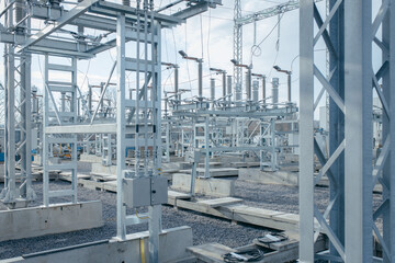 Modern new power station. The equipment used to raise or lower voltage, high voltage power station. Electrical Transformer	
