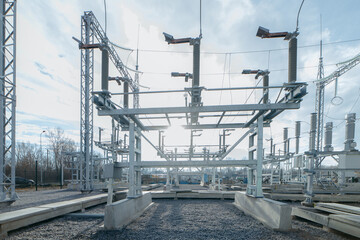 Modern new power station. The equipment used to raise or lower voltage, high voltage power station. Electrical Transformer	
