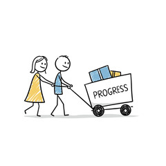 Stick figures pushing cart labeled 'Progress' with colorful boxes  