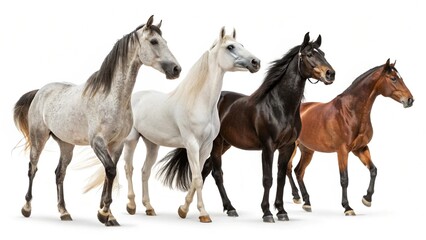 Naklejka premium Four Elegant Horses Walking, Studio Shot, White Background, Majestic, Calm Mood