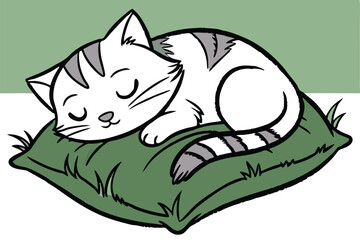 Adorable sleeping cat resting on a soft watercolor pillow