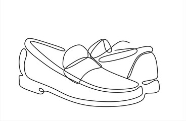 Classic men's shoes in continuous line art drawing style. Dress shoes minimalist black linear sketch isolated on white background. Hand drawn one line vector. Editable stroke