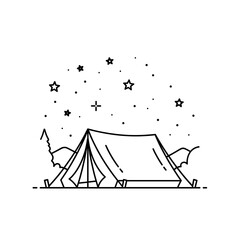 Camping tent under starry sky in minimalist line art style  