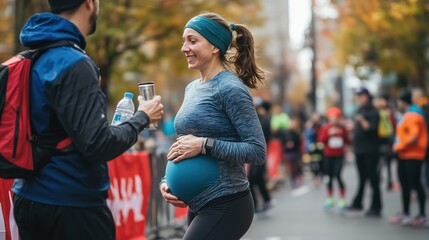 Pregnant runner touching belly as she crosses finish line of half-marathon, partner waiting with water bottle