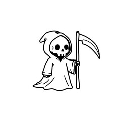 Cartoon baby Grim Reaper character holding a scythe in outline style  