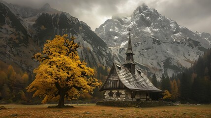 Picturesque alpine scenery showcasing a historic chapel nestled beneath towering mountains and a