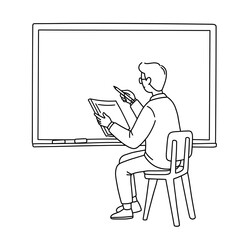 Young man answering questions at blackboard while sitting on chair  