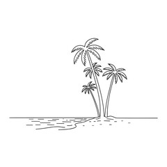 Outline of palm trees on a beach near the water's edge  
