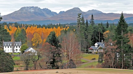 Picturesque autumn landscape featuring quaint houses nestled amidst forested hills and distant