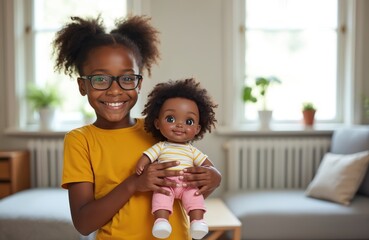 Joyful african american girl smiling confidently at home holding doll. Happy child embraces toy, expresses love, childhood memories. Beautiful face, big eyes. Happy kid lifestyle at home.