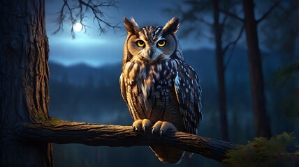 Obraz premium Majestic Owl Perched on Branch Under Moonlight in a Dark Forest