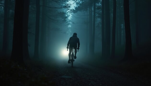 Cyclist rides bicycle through dark forest at night. Silhouette of man in foggy woods. Rider with bike, trees, mist, trail, adventure. Night time biking, sport, outdoor activity, fitness concept.