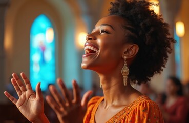 Young, joyful black woman praises Lord in church with open arms. She looks happy, joyful. Gospel music and singing in background. Jesus Christ, christianity faith, religious worship concept.