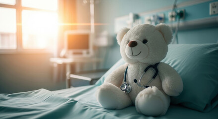White toy teddy bear with stethoscope, sunlit hospital bed, modern pediatric room, child care, hope, healing, support, children medical concept, welcoming atmosphere. Childhood Cancer Awareness Month