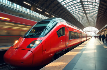 Obraz premium High-speed red train departs station. Modern railway transport, public transit in motion. Travel concept, urban lifestyle. Commuting, passengers boarding, rail travel in city. Transportation, train