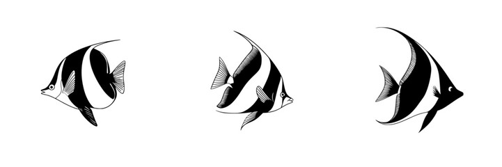 Obraz premium Silhouette pictograms of various fish designs showcasing elegant shapes and features suitable for diverse creative projects