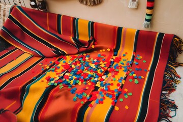 Colorful confetti scattered on a vibrant striped rug