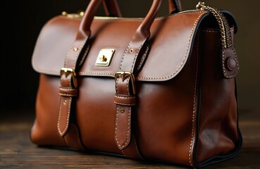 Brown leather bag classic design with gold hardware. Elegant handbag, purse, accessory for fashion, luxury. Business briefcase, travel bag, shopping. High quality leather, craftsmanship.