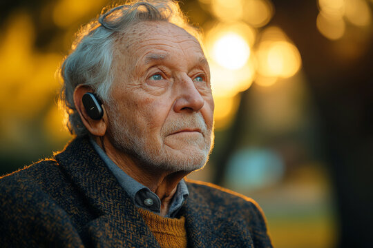 An elderly man sits comfortably in a sunny park, wearing a hearing aid and showing satisfaction on his face as he enjoys the warm atmosphere around him