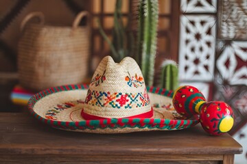 Colorful Sombrero and Maracas on Wooden Tabletop 