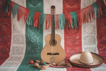 Mexican Fiesta Decor with Guitar, Maracas, and Sombrero 