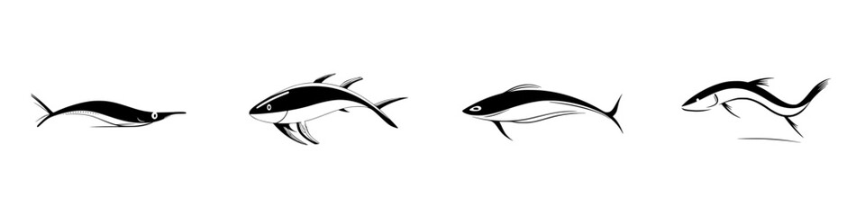 Collection of silhouette pictograms depicting various types of fish in a simple and modern design style