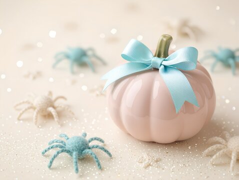 A pink pumpkin with a blue bow surrounded by spiders