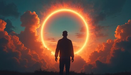 Obraz premium Silhouette of person standing before radiant halo in sky. Glowing orange circle above with fiery clouds, sunset colors. Conceptual art for new age, spirituality, personal growth, dream.