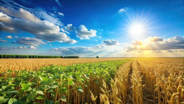 Field beans and wheat intercropping under sunny blue sky with gentle breeze, landscape, field beans,  landscape,field beans