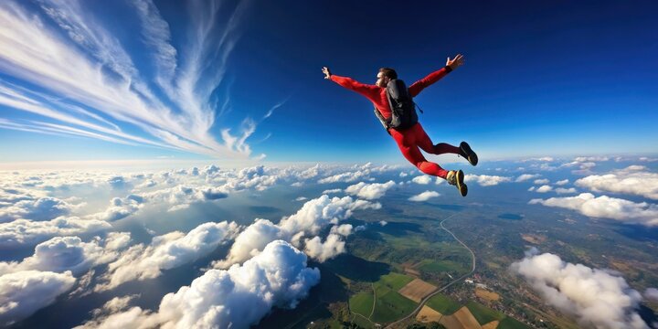 Solo skydiver in freefall against a vast blue sky with cumulus clouds and the Earth below, skydiving, solo jump,  skydiving