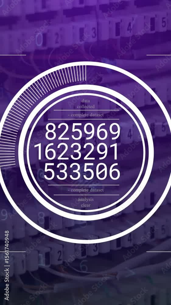 Poster Animation of changing numbers on round scanner, cyber security data processing over computer server