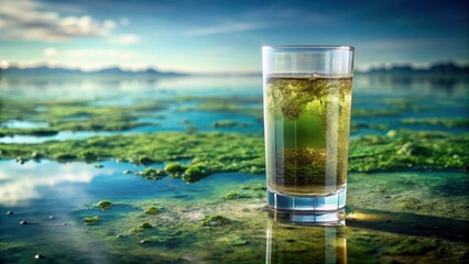 A glass filled with murky dirty water surrounded by germs and algae, highlighting the effects of pollution on hygiene and health, germs growth, public health problem