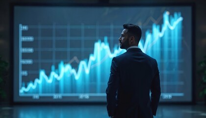 Business leader stands front large screen with growth chart. Confident executive success. Showing finance, investment, success in business. Presentation of financial analytics, market, data,